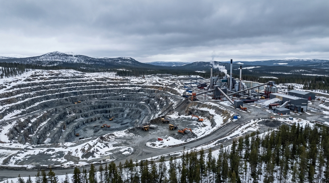 Site minier et usine de traitement de terres rares dans un paysage européen nordique.