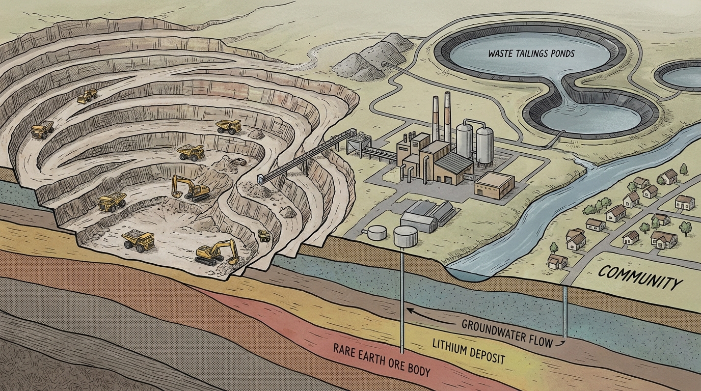 Vue schématique d’un site minier de métaux stratégiques et de ses contraintes opérationnelles