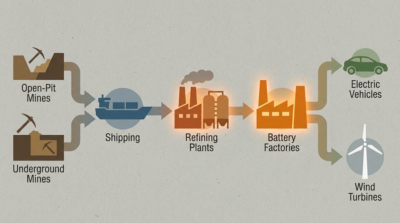 Schéma visuel de la chaîne de valeur des métaux de la transition énergétique, des mines aux applications finales.