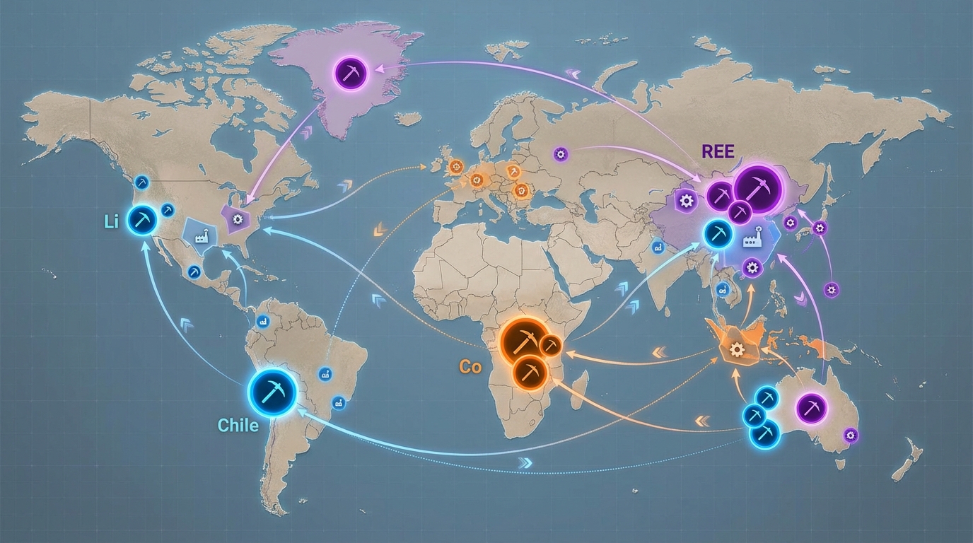 Carte mondiale des principaux pôles d’extraction et de raffinage des métaux stratégiques.