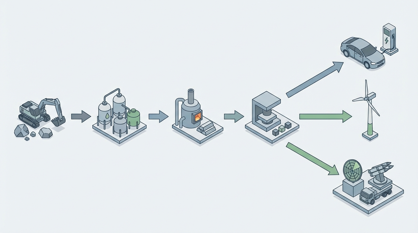Chaîne de valeur des aimants permanents NdPr, des mines aux usages finaux.