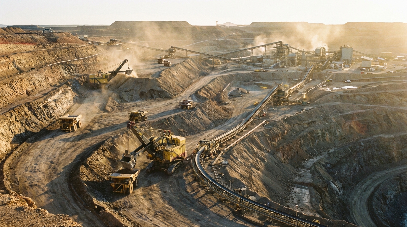 Vue illustrée d’une grande mine à ciel ouvert dédiée aux métaux stratégiques.