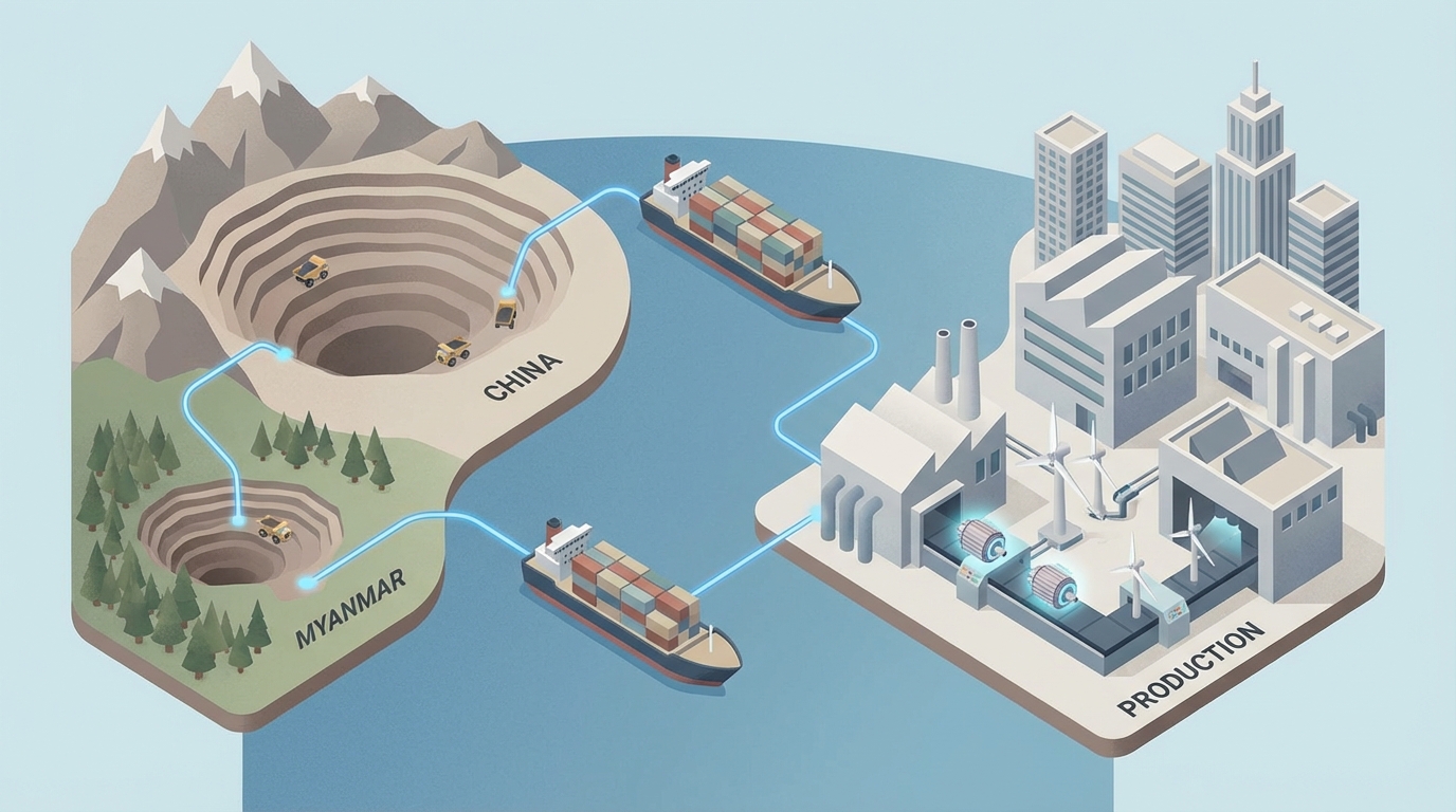 Chaîne d’approvisionnement mondiale des terres rares, de l’extraction aux applications high-tech.