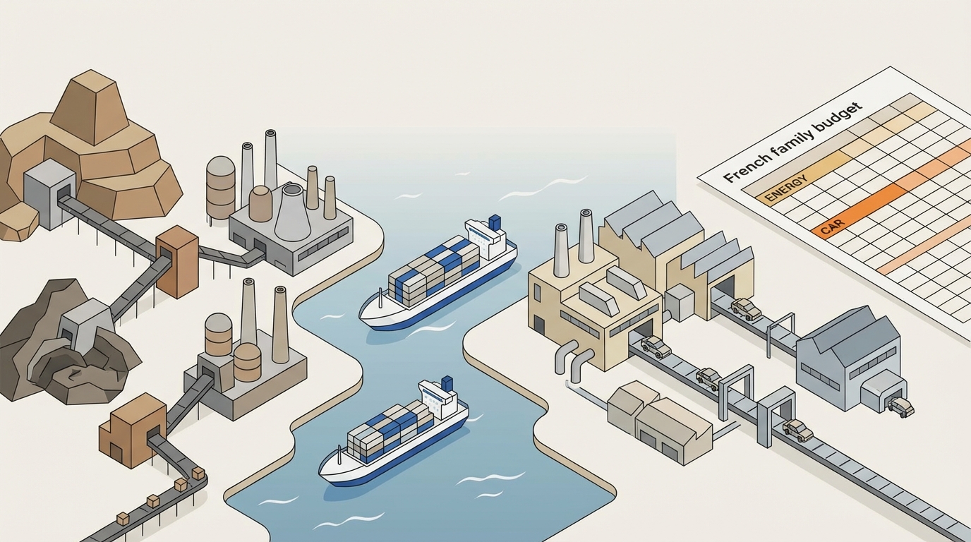 Diagram of the rare earth and critical mineral supply chain from China to European industry and ultimately French households.