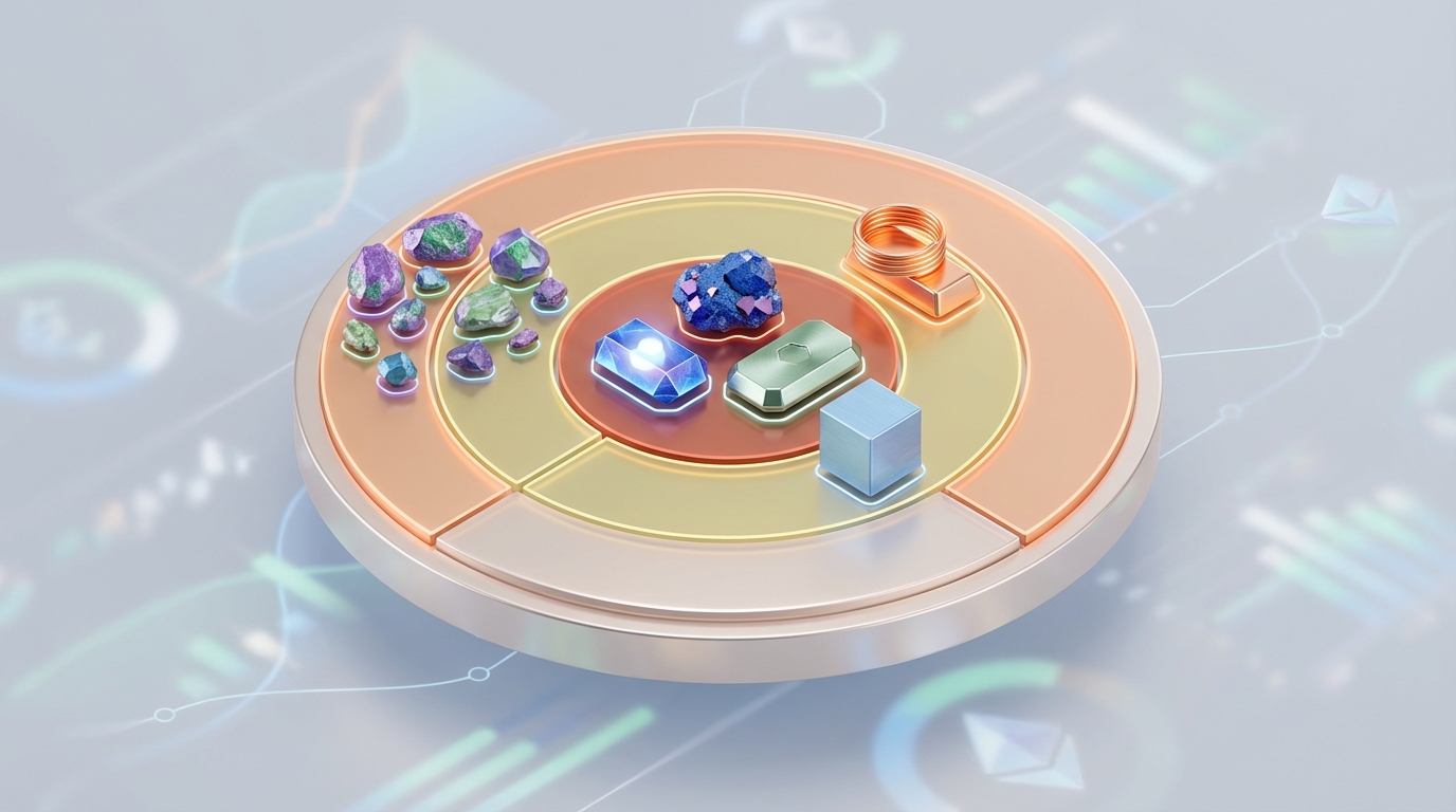 Visualisation stylisée d’un panier diversifié de métaux critiques classés par niveau de criticité.