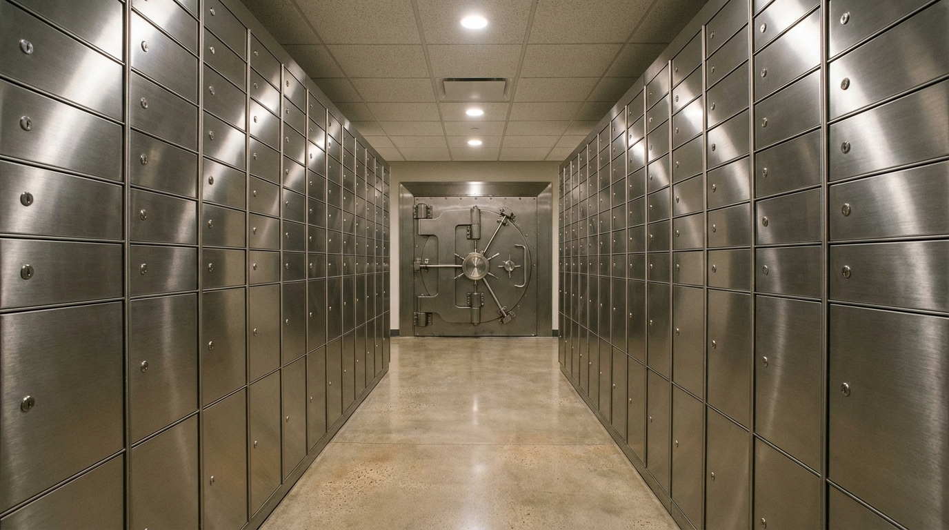 Vue intérieure d’un espace de coffres sécurisés pour particuliers et investisseurs.