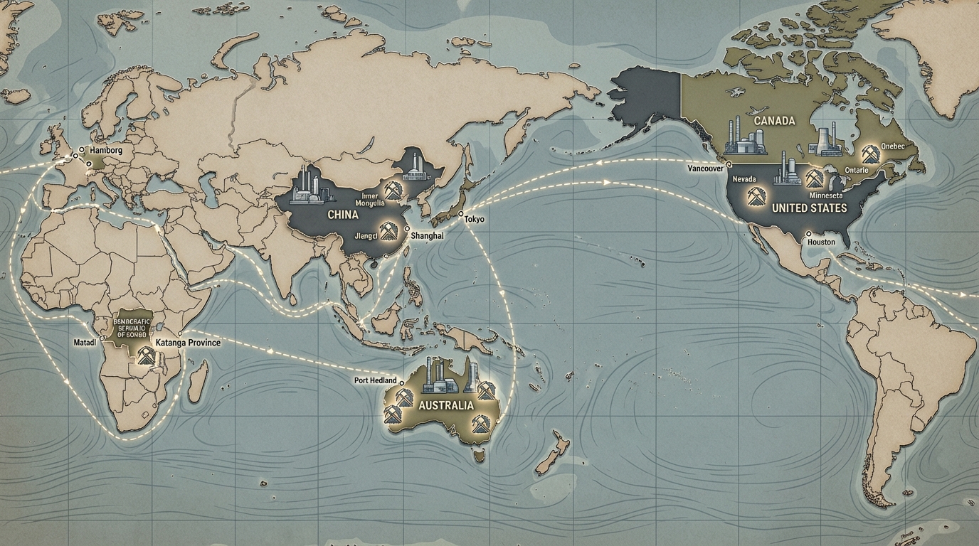 Carte des principaux pôles mondiaux d’extraction et de raffinage des métaux stratégiques.