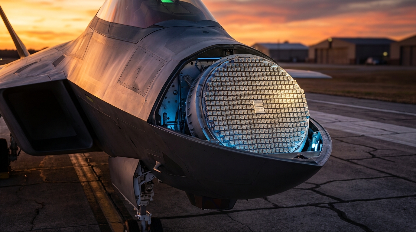 Gros plan conceptuel d'une antenne AESA générique illustrant l'impact opérationnel.