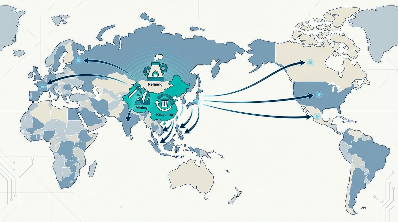Concentration mondiale de l'approvisionnement en gallium et flux vers les régions consommatrices.