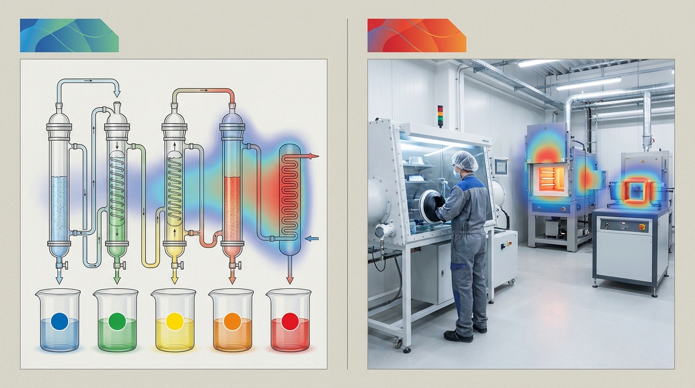 Visualizing separation and magnet production with emphasis on processing complexity.
