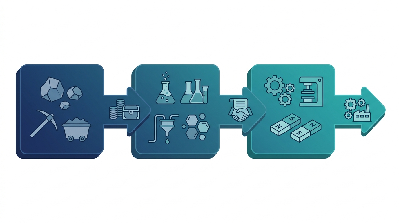 Supply-chain architecture: financing + separation + magnet fabrication + industrial demand.