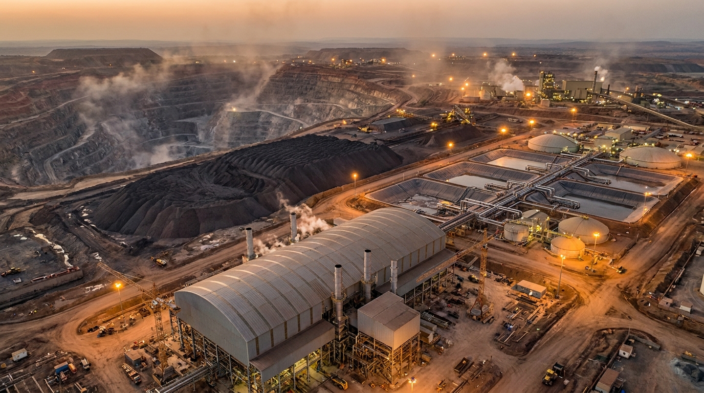 Illustrative industrial scene for mine-to-processing development complexity.