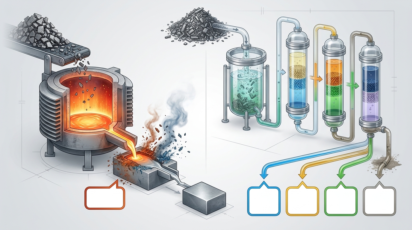 Side-by-side comparison of direct remelting vs hydrometallurgical recovery.