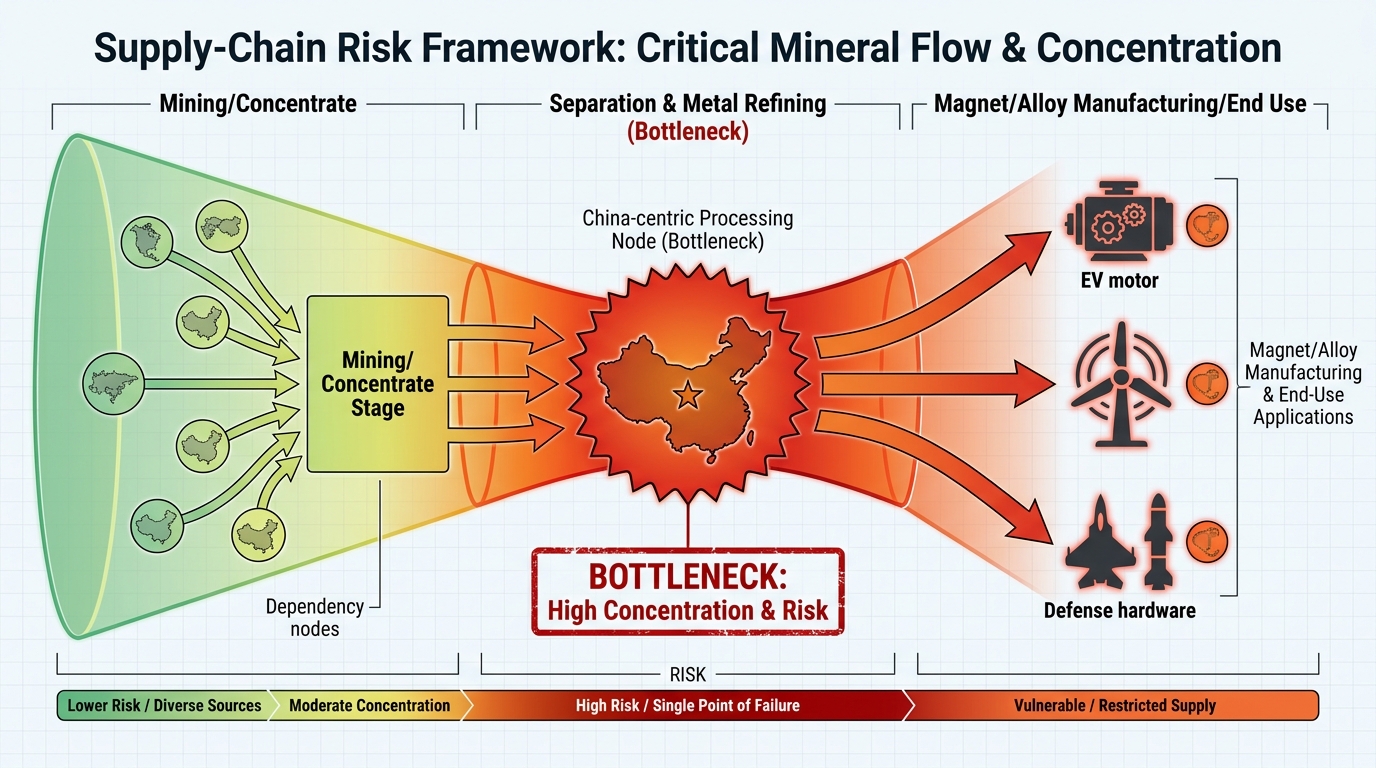 Supply-chain choke-point diagram for heavy rare earth processing and end-use dependencies (no text).