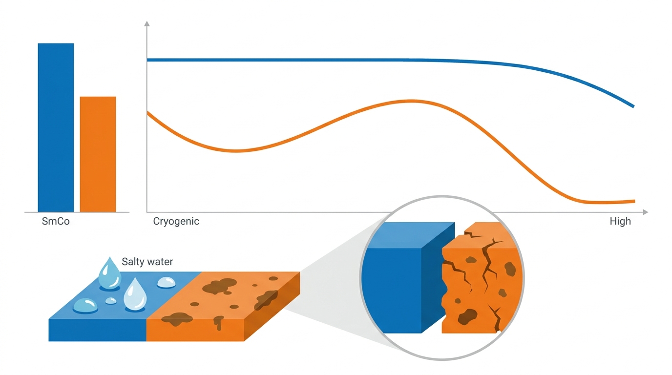 At-a-glance thermal stability and corrosion durability comparison (diagram only).