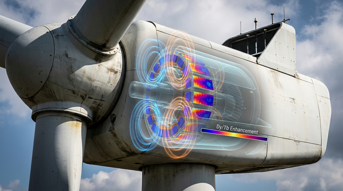 Wind turbine direct-drive generator concept with magnetic flux visualization (no text).