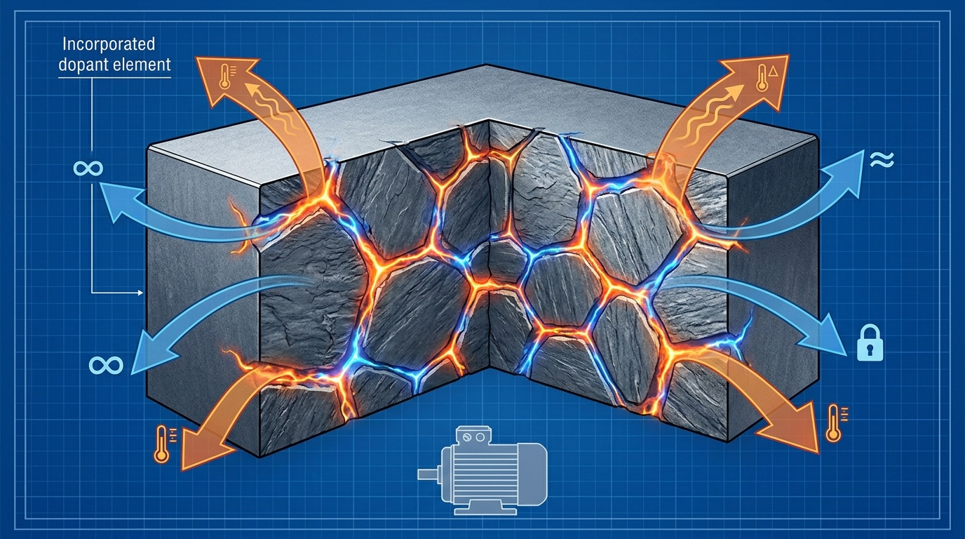 Conceptual cross-section showing dysprosium’s role in NdFeB magnet thermal stability (symbol-only).
