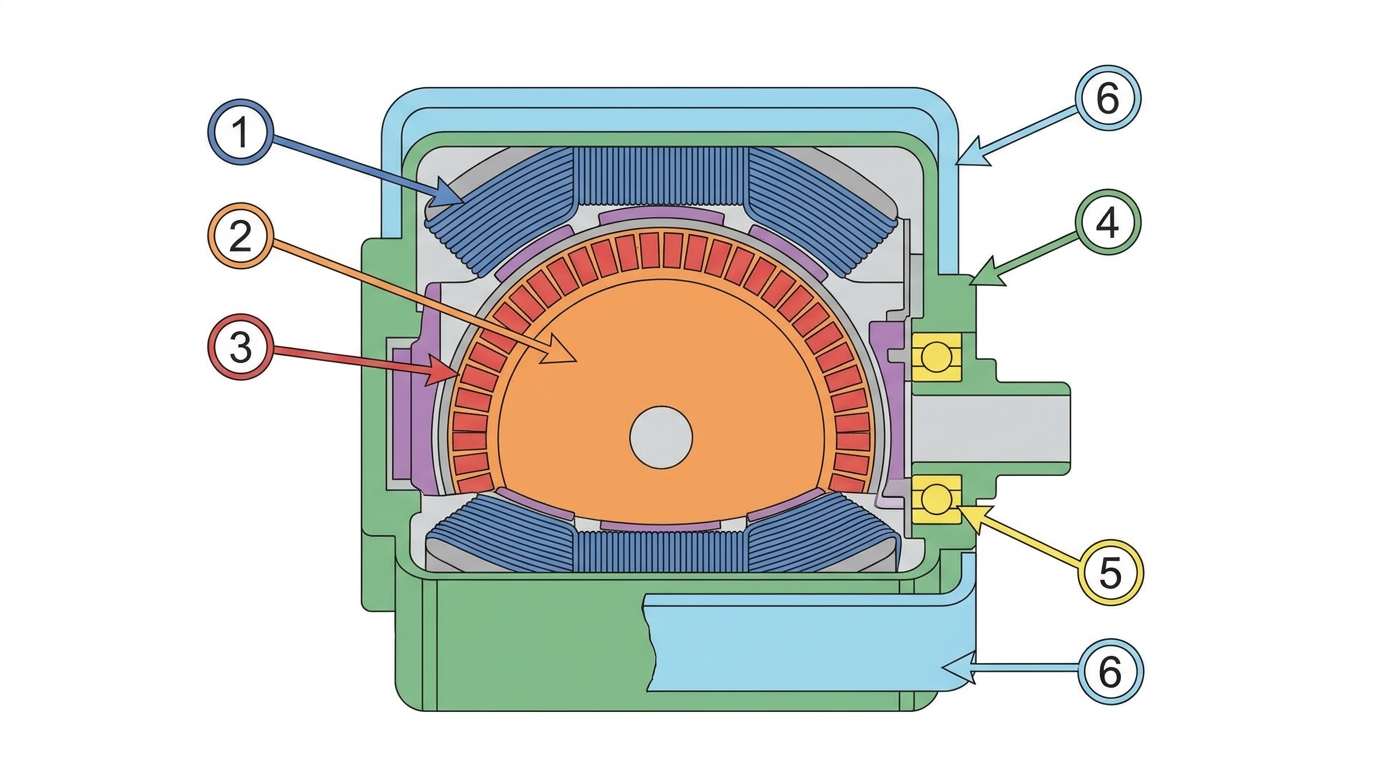 Diagrammatic cutaway of a permanent-magnet EV motor showing where rare-earth magnets sit (no text).