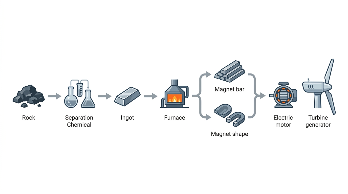 Neodymium-to-magnet supply chain pathways feeding EVs and wind.